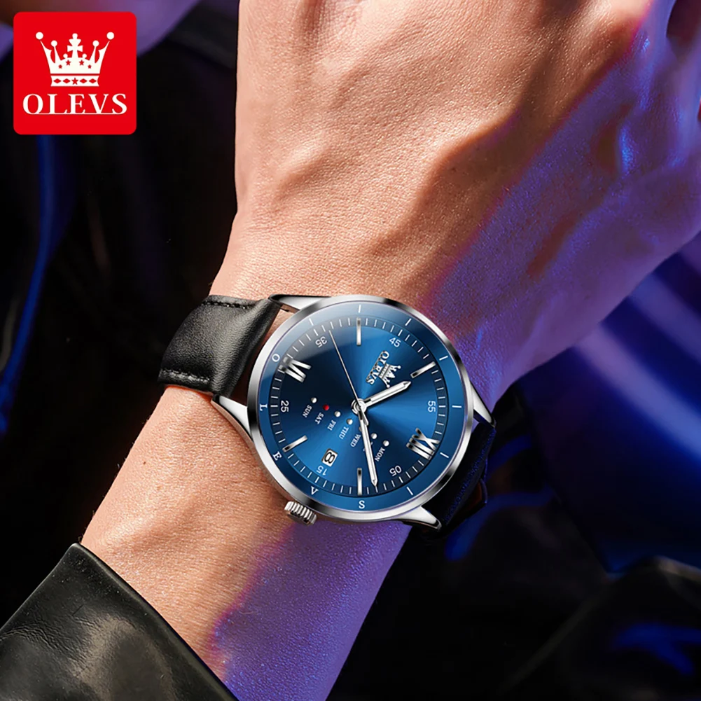 OLEVS 2931 New Quartz Dress Watch For Men Week Display Leather Hand Clock Waterproof Luminous Calendar Fashion Man Watches 2024