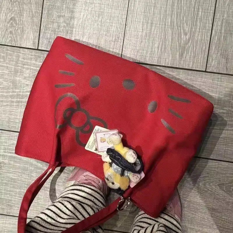 سانريو مرحبا كيتي حقيبة حمراء حقيبة قماش قنب سعة كبيرة حقيبة كتف التنقل السفر المطبوعة حمل حقيبة المتسوق حقيبة هدايا عيد الميلاد #5