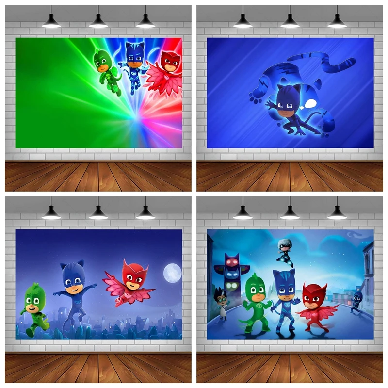 PJ M-Masks Geburtstagsparty-Hintergrund, Catboy, Owlette, Gekko, Moon Night City, Superheld, individuelle Fotobox, Kinder- und Babyparty-Dekoration