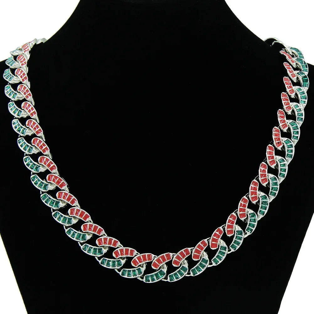 New Couple Choker Necklace 15mm Green Red Cz Stone Mix Colorful Miami Cuban Prong Chain Hip Hop Jewelry For Gift Butterfly Clasp