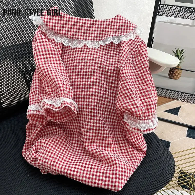 Lace Plaid Print Summer Women Kawaii Blouses Lolita Japanese JK Shirt Peter Pan Collar Cute Girls Sweet Puff Sleeve Blusas Mujer