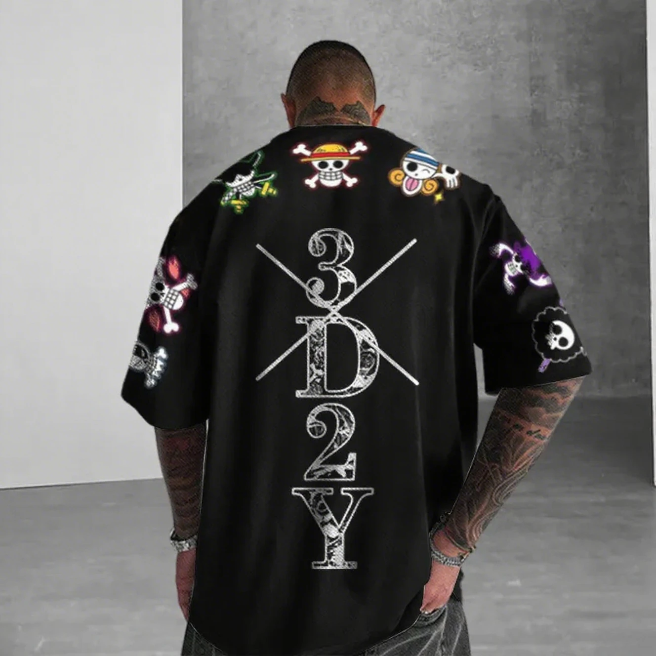 원피스 애니메이션 해골 프린트 남성 티셔츠 여름 반팔 그래픽 티 스트리트웨어 힙합 패션 오버사이즈 Y2K 의류