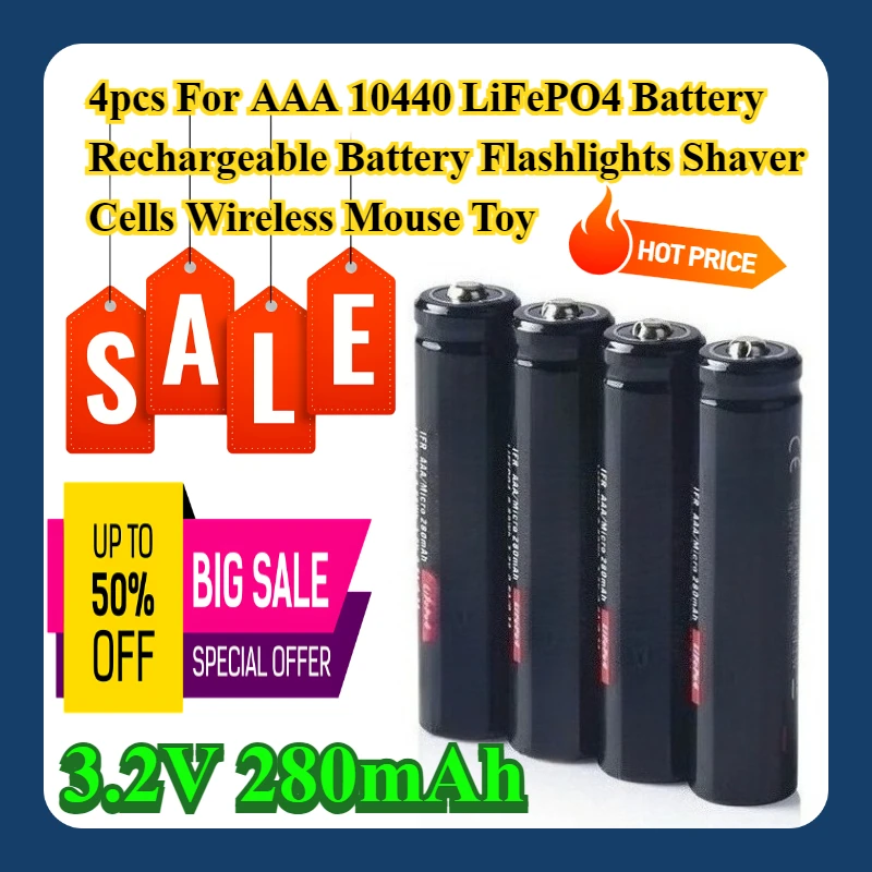 

4pcs For AAA 10440 LiFePO4 Battery 3.2V 280mAh Rechargeable Battery Flashlights Shaver Cells Wireless Mouse Toy