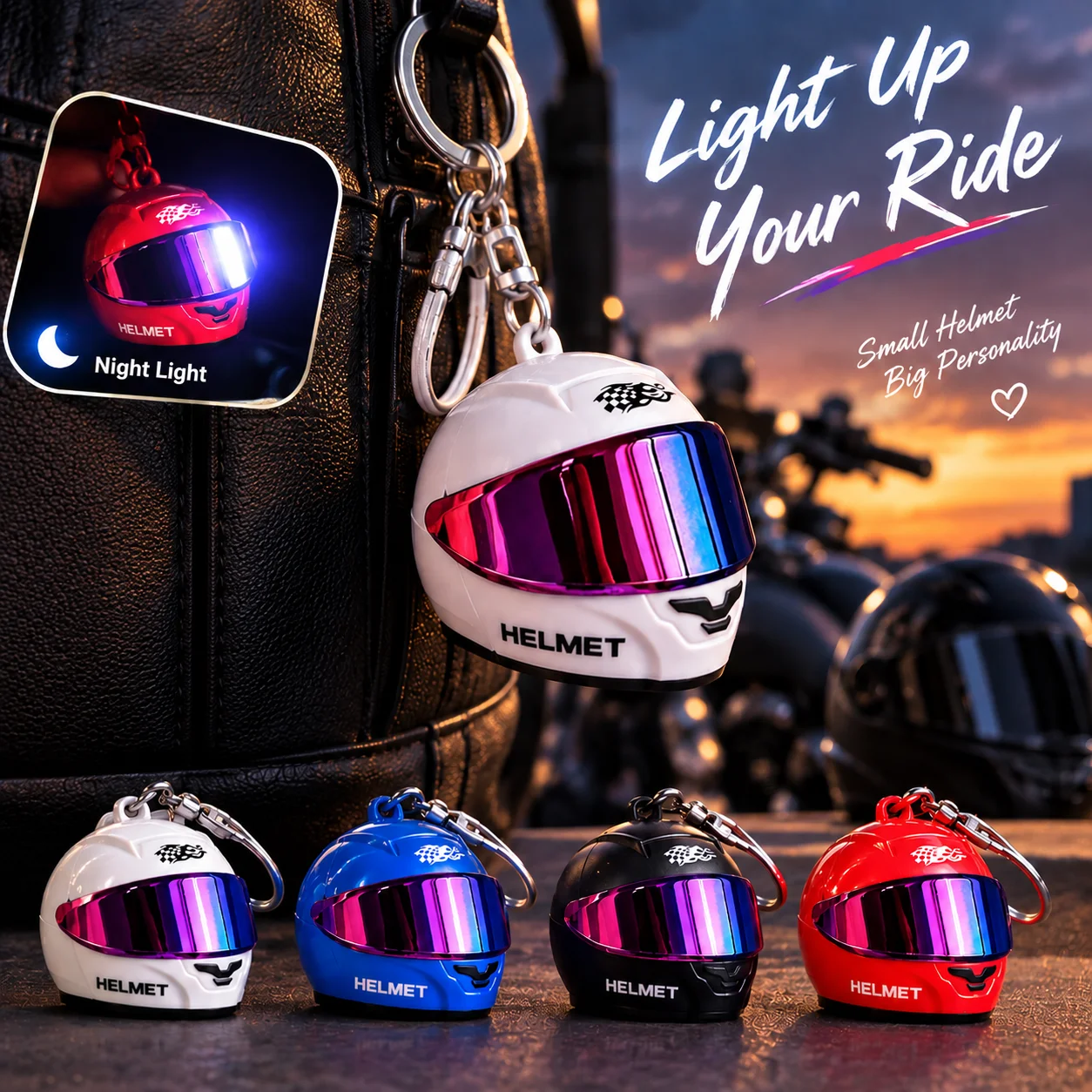 3D Mini Motorcycle Helmet Keychain Luminous Light Helmet Keyring Night Warning Light Key Chain Gift for Bikers Car Gift Ideas