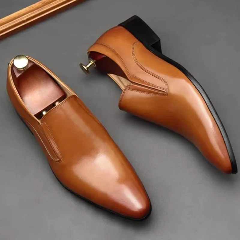 

High Quality Cowhide Slip-on Leather Shoes For Men Business Casual Loafers Pointed Toe Dress Shoes Formal Office Shoes