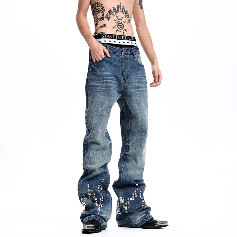 LUZHEN 2026 New Back Embroidery Pattern Sequin Patchwork Straight Tube Jeans Men High Quality Original Street Denim Pants JY9339