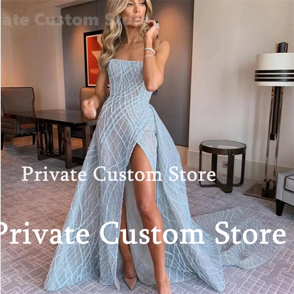 Women Prom Dress Strapless Sleeveless A-Line Sexy High Side Split Formal Evening Dress Floor-Length 2024 Wedding Party Dress