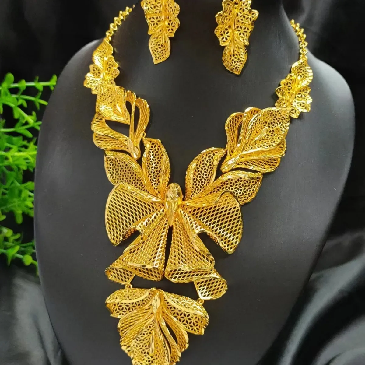 GoldAether Women's 9999 24K Real Gold Flower Necklace Earrings Set Flowers Dubai Saudi Bride Wedding Gift
