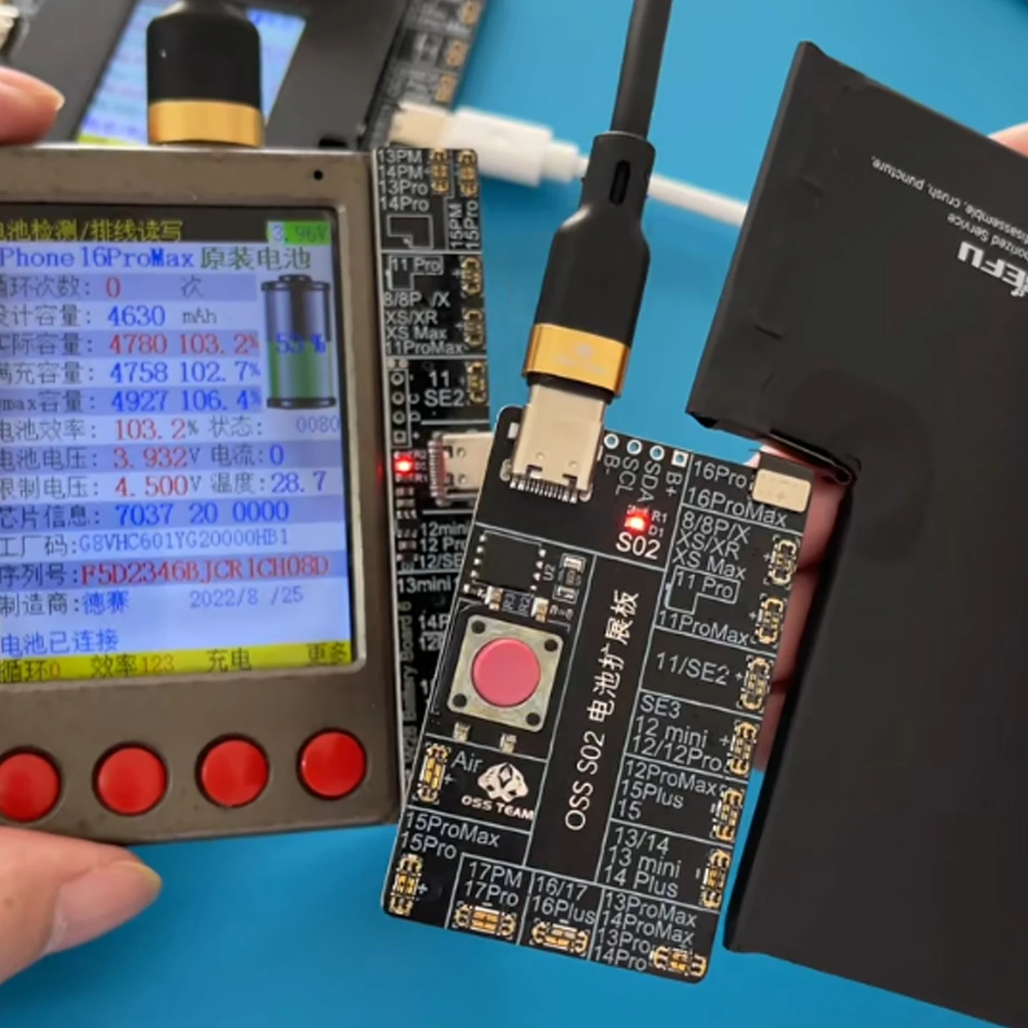 

Адаптер расширения аккумулятора OSS S02 для iPhone серии 8-16 Ищуйте активацию активации аккумулятора и поддержку интеллектуального обнаружения устройств W28Pro V8