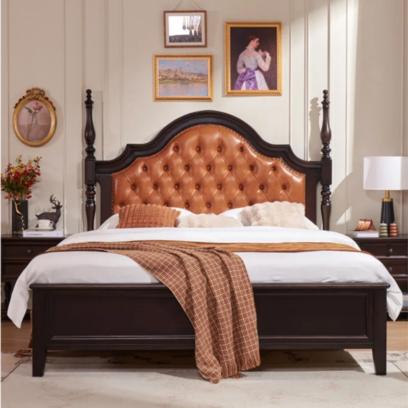 

Американская кровать в стиле ретро из массива дерева, двуспальная кровать с обивкой из французской кожи, средневековый стиль