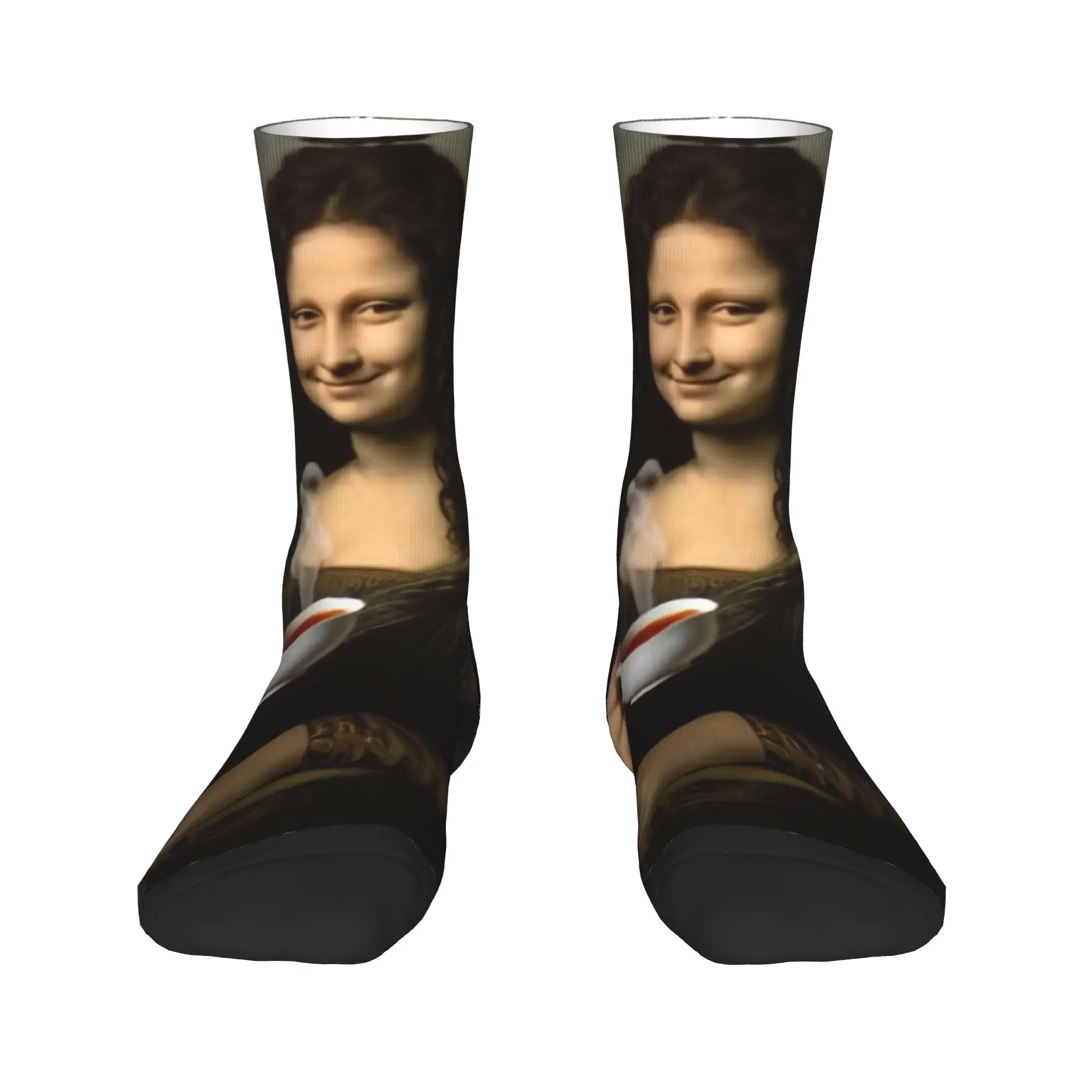 Adults Men Socks Funny Tea Time Mona Lisa  Stockings Autumn Kawaii Soft Breathable Socks Graphic Outdoor Anti Sweat Socks