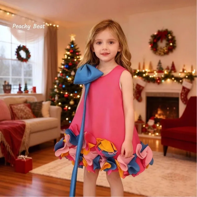 Fashion Baby Girl Princess 3D Flower Xmas Dress Infant Toddler Child Vintage Bow Vestido Birthday Party Baby Clothes 18M-10Y