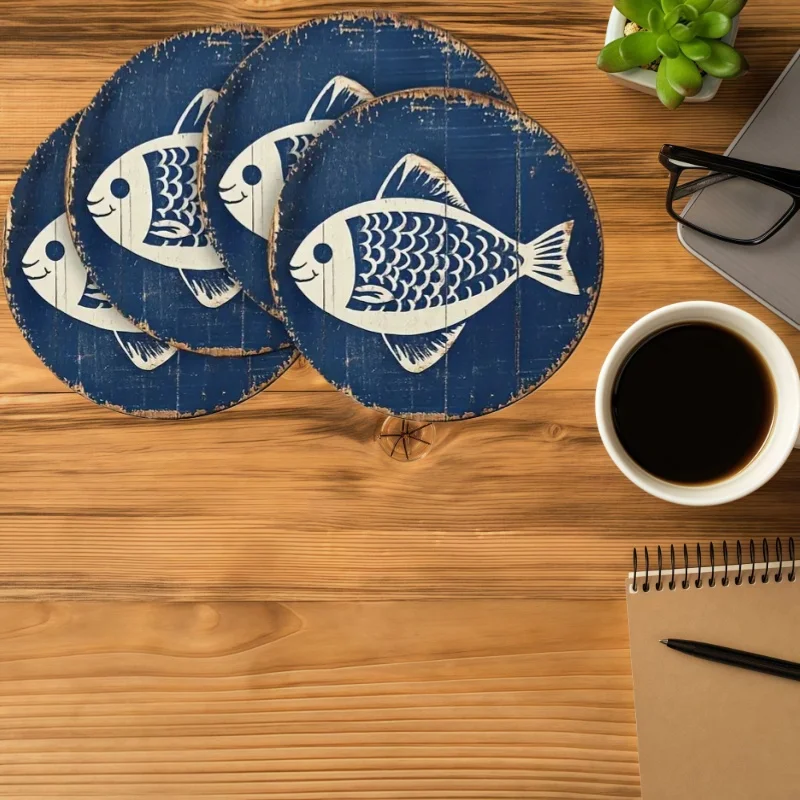 2D 1pcs Round Wooden Ocean Fish-Shaped Coasters Humorous Fish Design Seaside Table Decorations Kitchen Seasonal Items Gifts