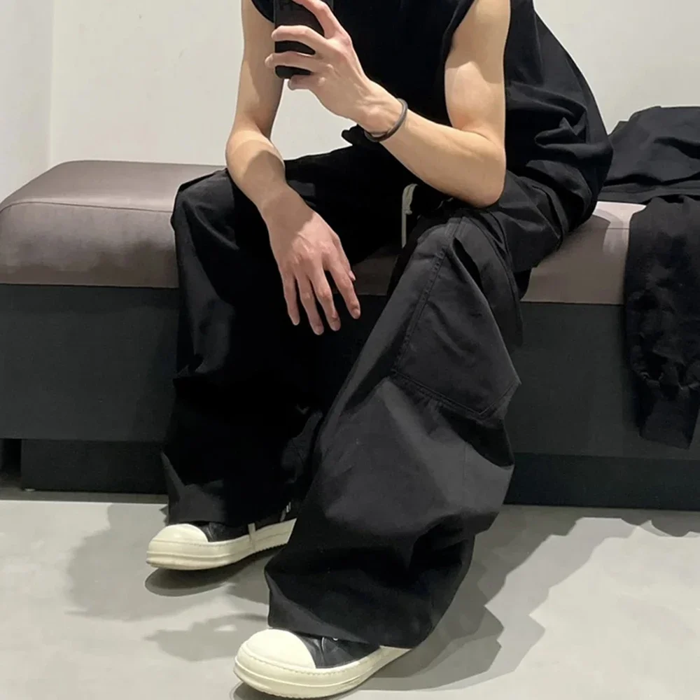 Unisex Straight Baggy Casual Overalls Men\'s Streetwear Loose Ro Style Wide Leg Drawstring Black Cargo Pants Oversized Trousers