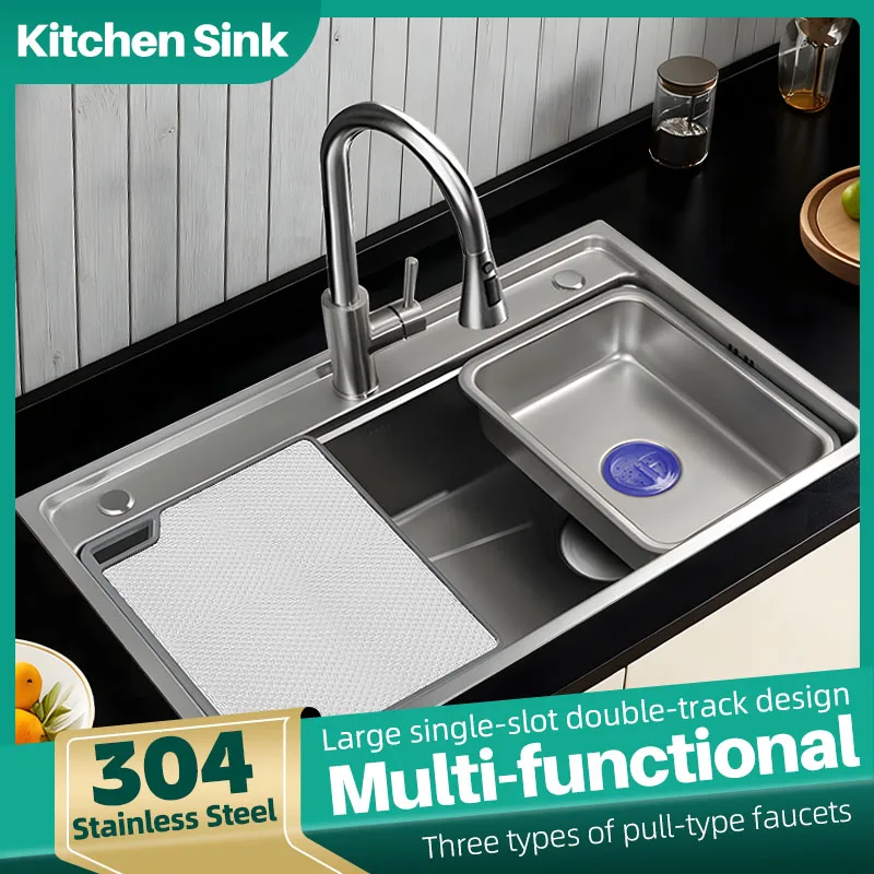 

SUS304 Stainless Steel Multifunctional Kitchen Sink Three modes Pull-out tap Double-track with Basin in basin Cutting board