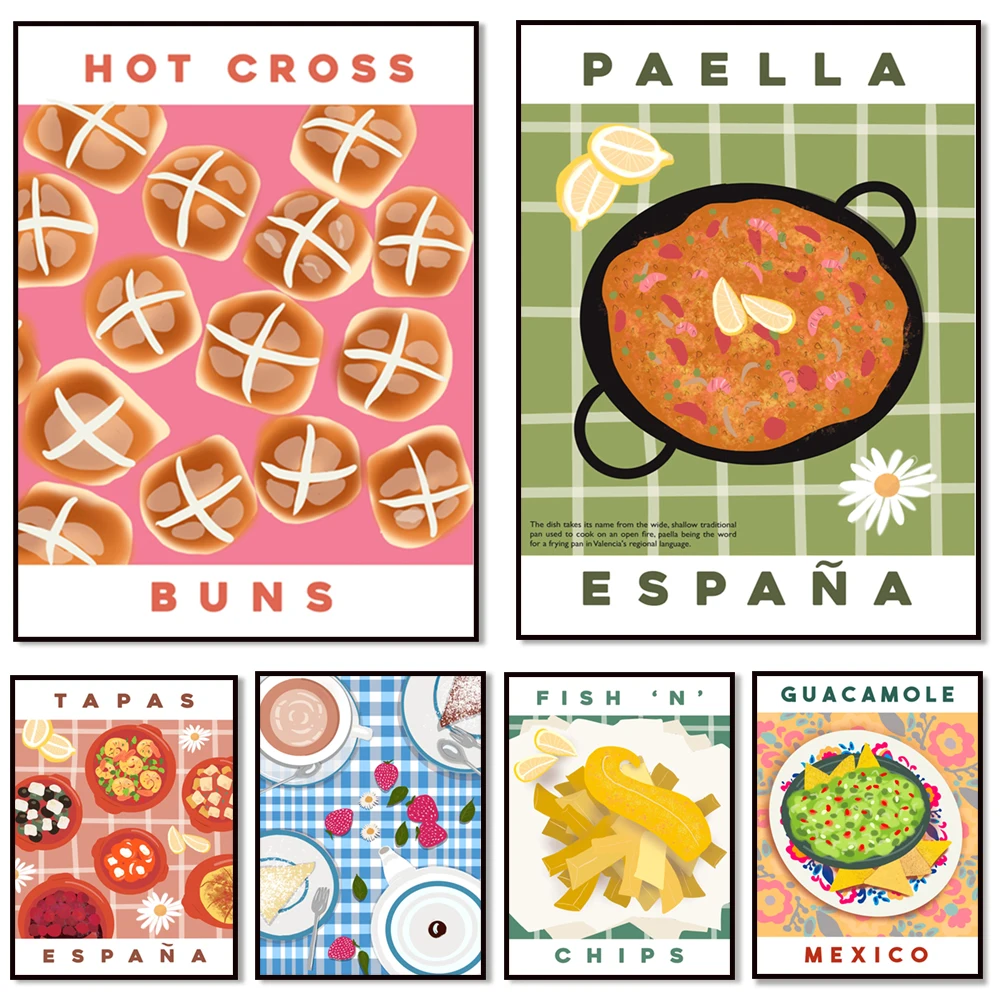 Panqueques, pasta, pescado y patatas fritas, pan, tapas, paella, pastel de té de la tarde, gelatina y blanche, macarrones, cartel de comida de restaurante