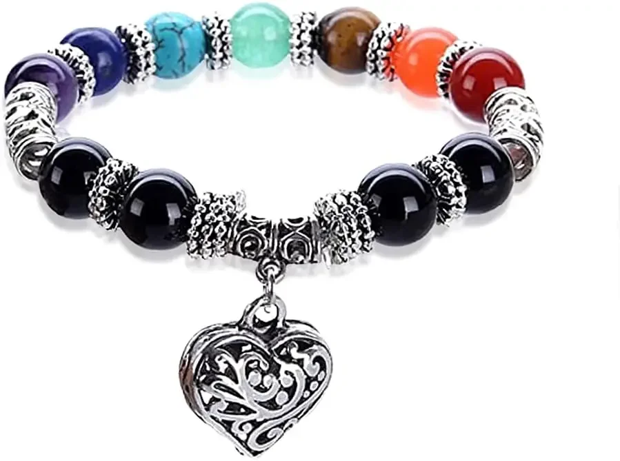 

Vintage Colorful Natural Onyx Beaded Bracelets Silver Pattern Love Heart Pendant Bracelet for Women Men Party Jewelry Gift