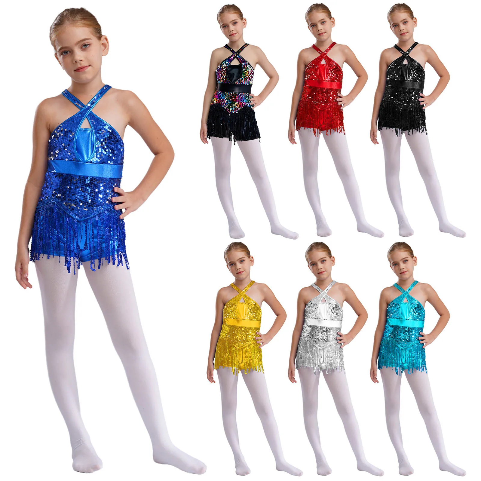Kids Girls Sequins Tassel Latin Jazz Dance Leotard Dress Cha-Cha Rumba Samba Tango Bodysuit Party Stage Performance Dancewear