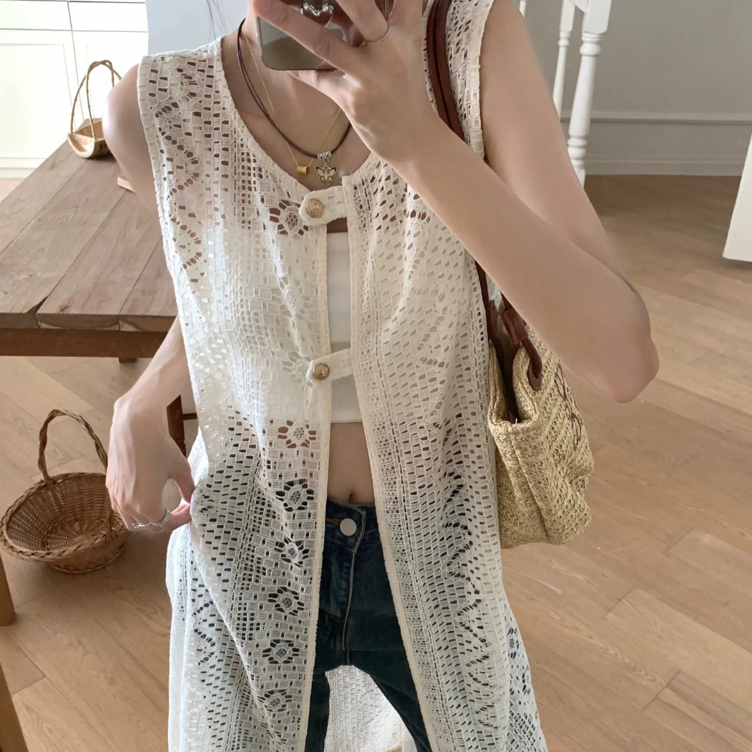 Robe débardeur en dentelle Beige pour femmes, deux côtés, boutons sur le devant, sans manches, style Boho, ajourée, transparente, Sexy, mi-longue, été