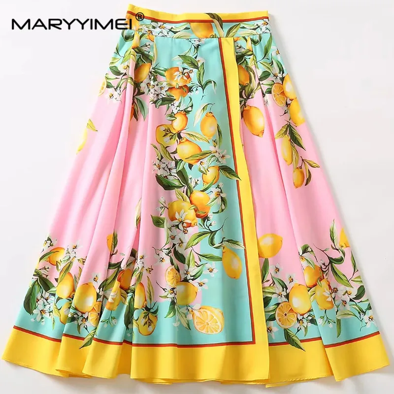 MARYYIMEI New Fashion Spring Summer Elegant Suit Square Collar Suspended＋Long Skirt Fruit printing Holiday Two Pieces Set