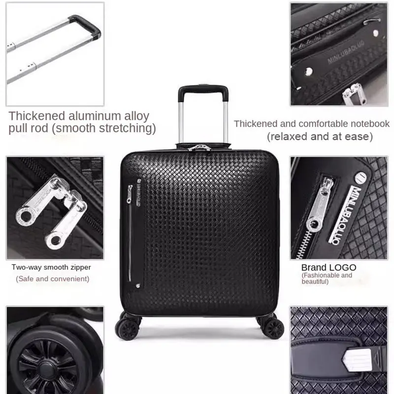 Genuine Leather Trolley Case 20 Inch Men\'s Business Boarding Suitcase Universal Wheel Luggage Bag 16 Inch Woven Pattern Leather