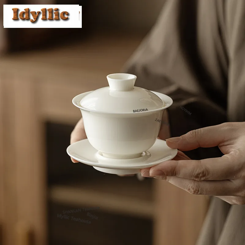 HOYIHM Sheep Fat Jade White Porcelain Gaiwan Aesthetic Tea Tureen Tea Bowl With Lid Kit Tea Maker Cover Bowl Kung Fu Tea Set Cha