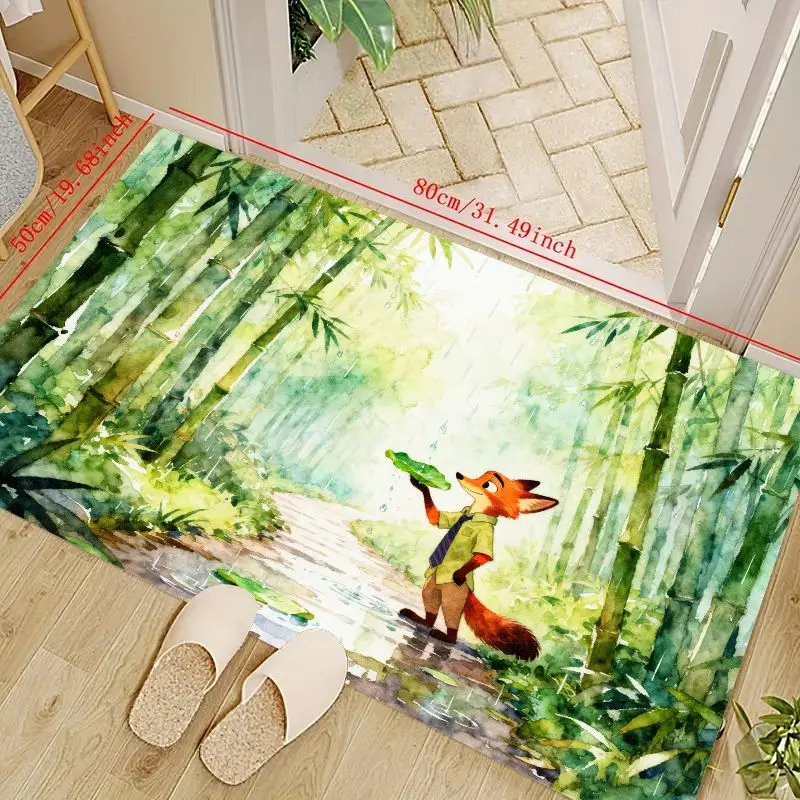 

1PC Zootopia Nick Wilde Fox Cartoon Doormat, 80x50cm (31.49x19.68in) Watercolor Bamboo Forest Rainy Day Scene Floor Mat, Non-Sli