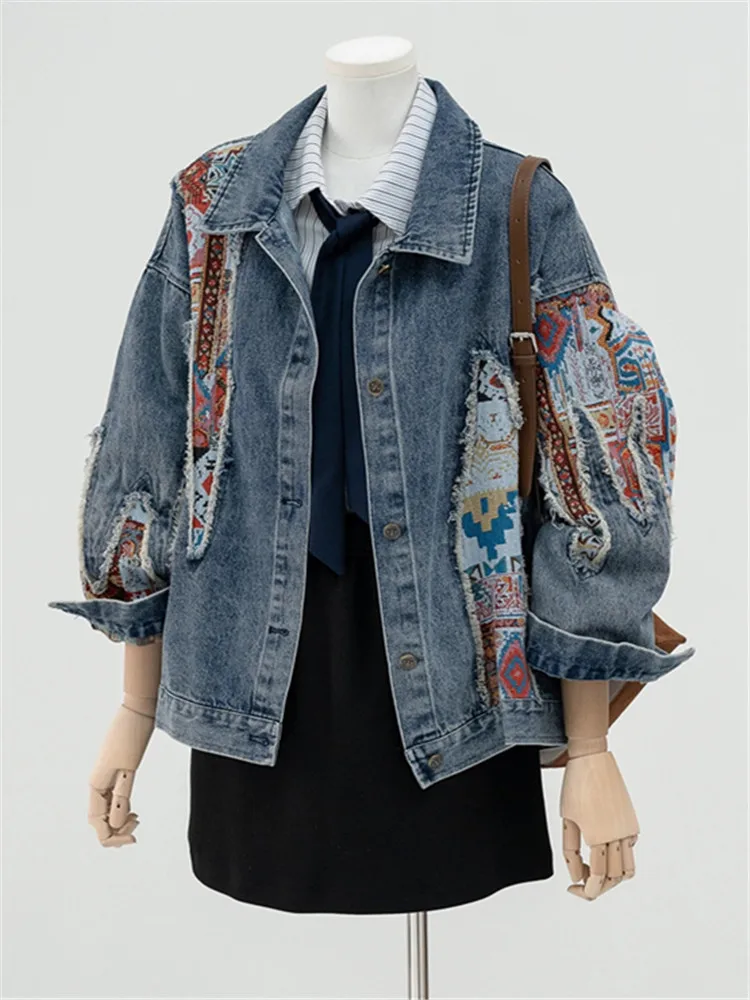 

American Vintage Denim Jacket Women Harajuku Y2K Floral Patchwork Streetwear Long Sleeve Loose Lazy Spring Fall Coat Outwear