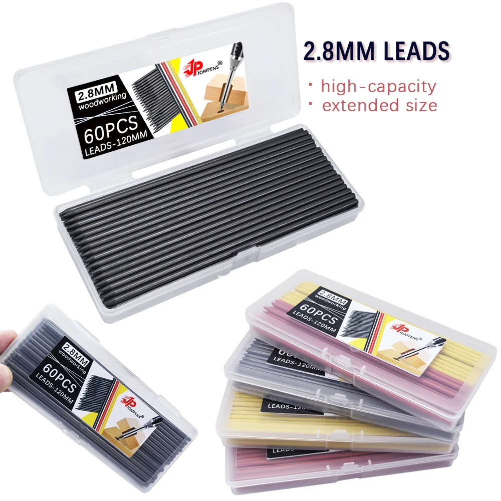 Caja de 60 Piezas de Minas de Grafito 2B para Carpintería, Color Negro, Amarillo y Rojo, Gran Capacidad, 2.8 mm, para Marcado, Arquitectura y Pintura