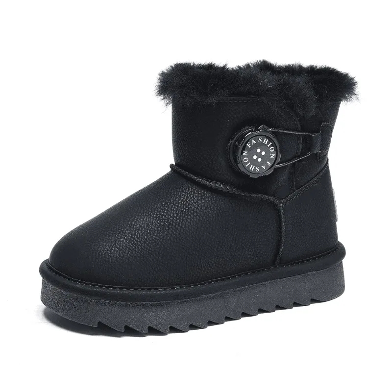 Kids Winter Snow Boots for Boys Girls Baby Real Leather Waterproof High Top Shoes with Warm Plush Lining Rotating Buckle
