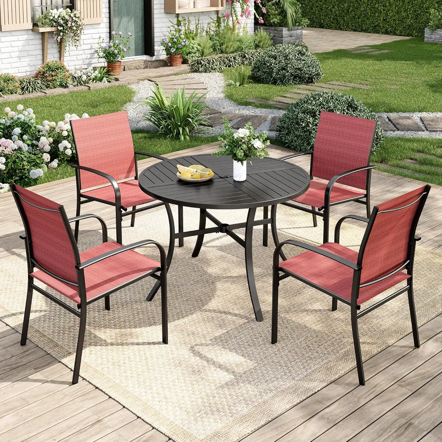 

Patio Table and Chairs Set for 4, 5 Pieces Outdoor Dining Set, 4 Red Textilene Chairs and 42" Metal Round Table with Umbrella Ho