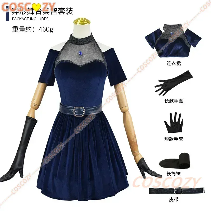 Anime alienígena palco mizi cosplay traje peruca azul escuro vestido rosa azul luvas de cabelo longo meias cinto conjunto uniforme para o natal