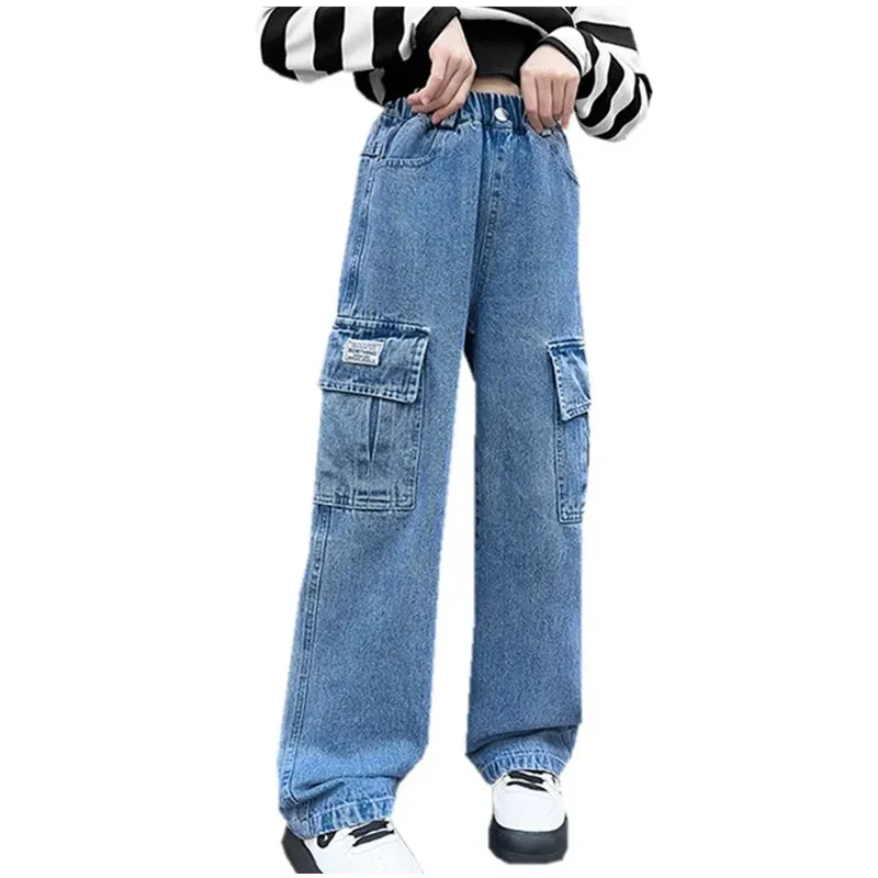 

Fashion 2024 Cargo Jeans for Girls Spring Blue Pocket Hot Deals Teens Kids Cargo Pants Casual Straight School Children Trousers