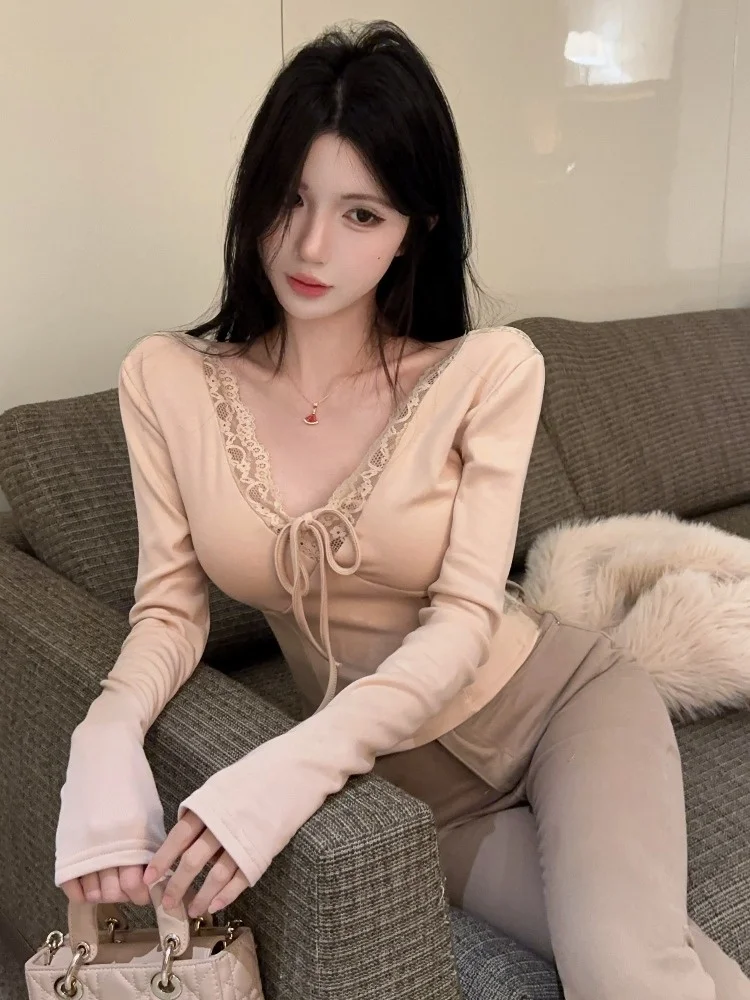 

Pure Desire Spicy Girl Long Sleeve V-Neck Lace Panel Backless T-Shirt Women's Slim Fit Inner Wear Autumn Winter Base Shirt