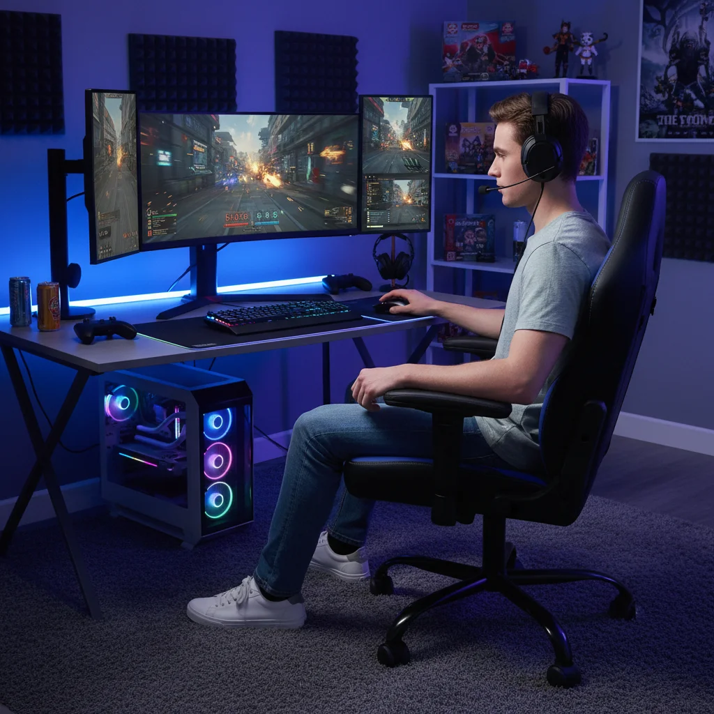 인체공학적 PU 가죽 게이밍 의자, 회전식 베이스, 높이 조절 가능, 팔걸이 접이식, 성인용 사무실 컴퓨터 책상 의자