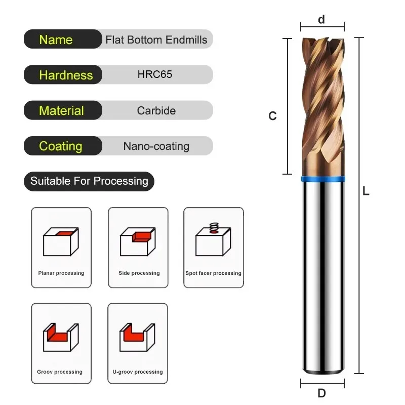 SHAZAM TGB-HRC65 4F Color Circle Milling Cutter Tungsten Steel Carbide Alloy Coating Flat End Mill CNC Machining Endmills Tools