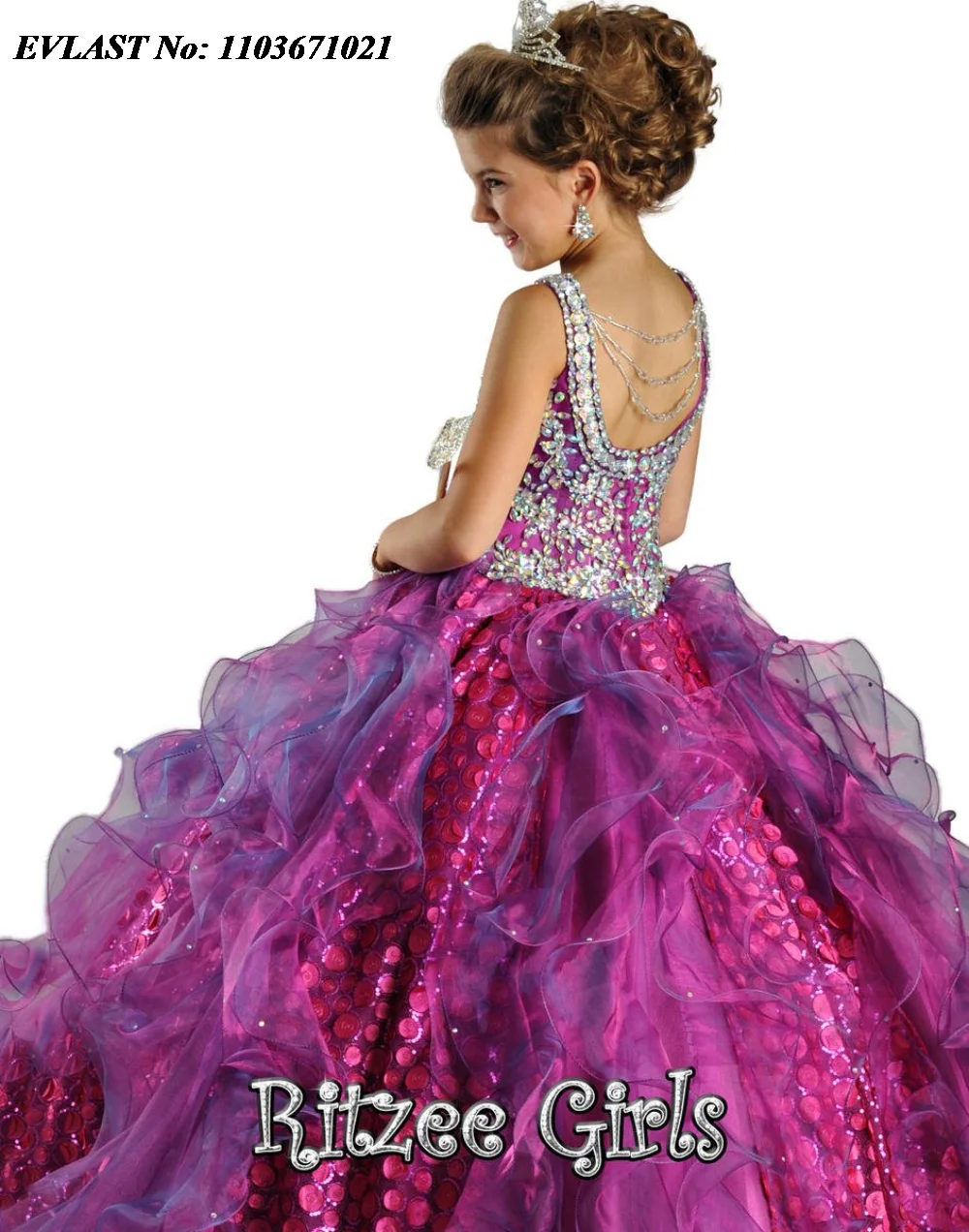 EVLAST Customized Purple Sequins Ruffles Flower Girl Dress Shiny Crystal Beaded Little Girls Pageant First Communion Gowns FD26