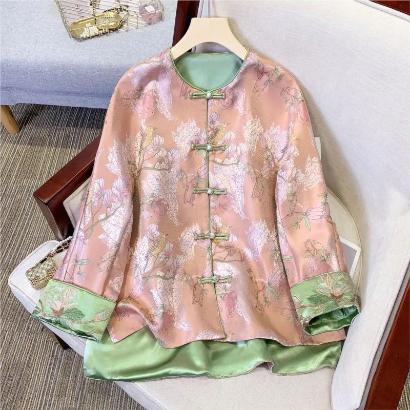 Casaco de brocado estilo chinês Jacquard Song Dynasty, top curto glamoroso solto feminino, novo