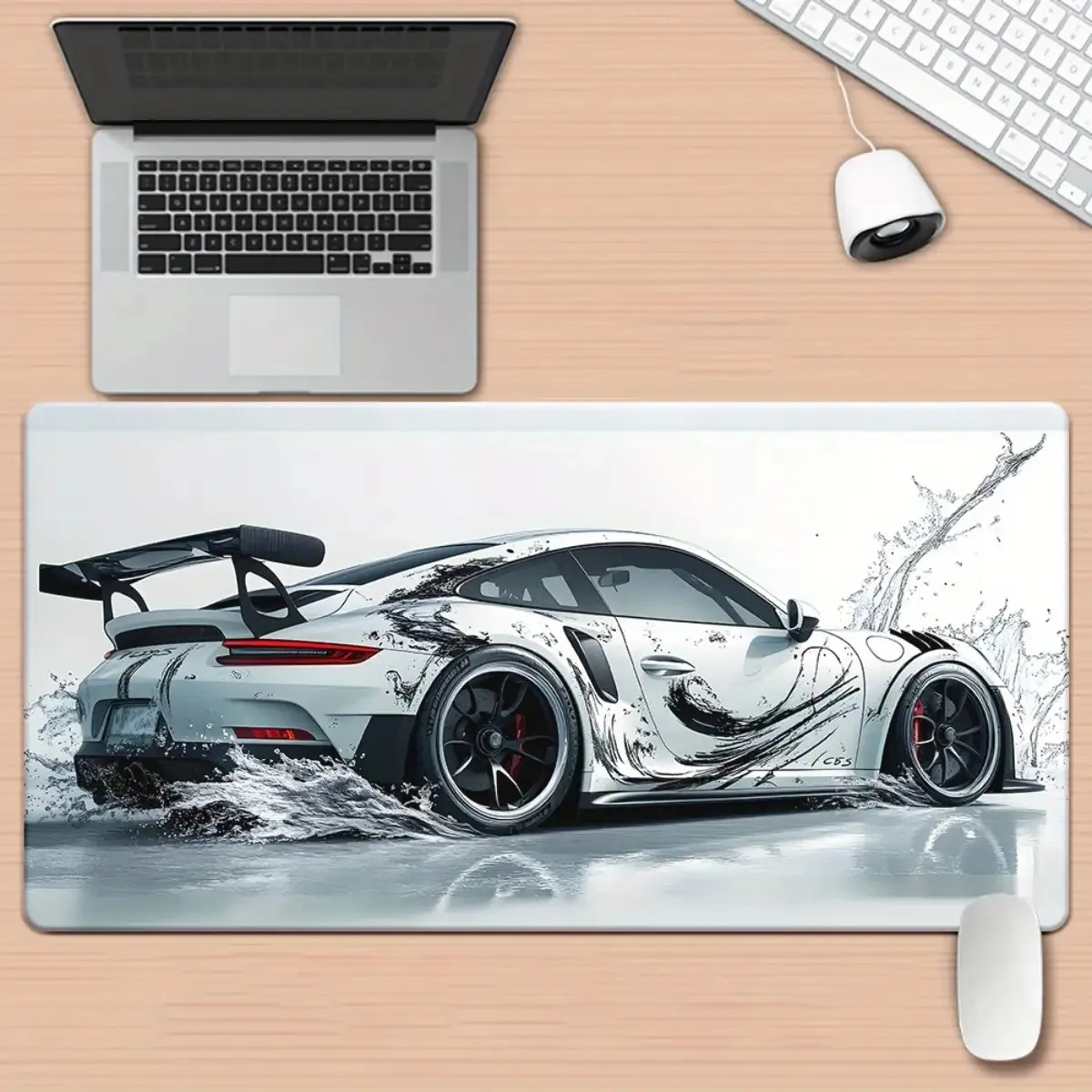 

Large White Sports Car Dynamic Design HD Pads Desk Mat Non-Slip for PC Gamers and Office Computer Setup Dynamic Art Pattern Rug