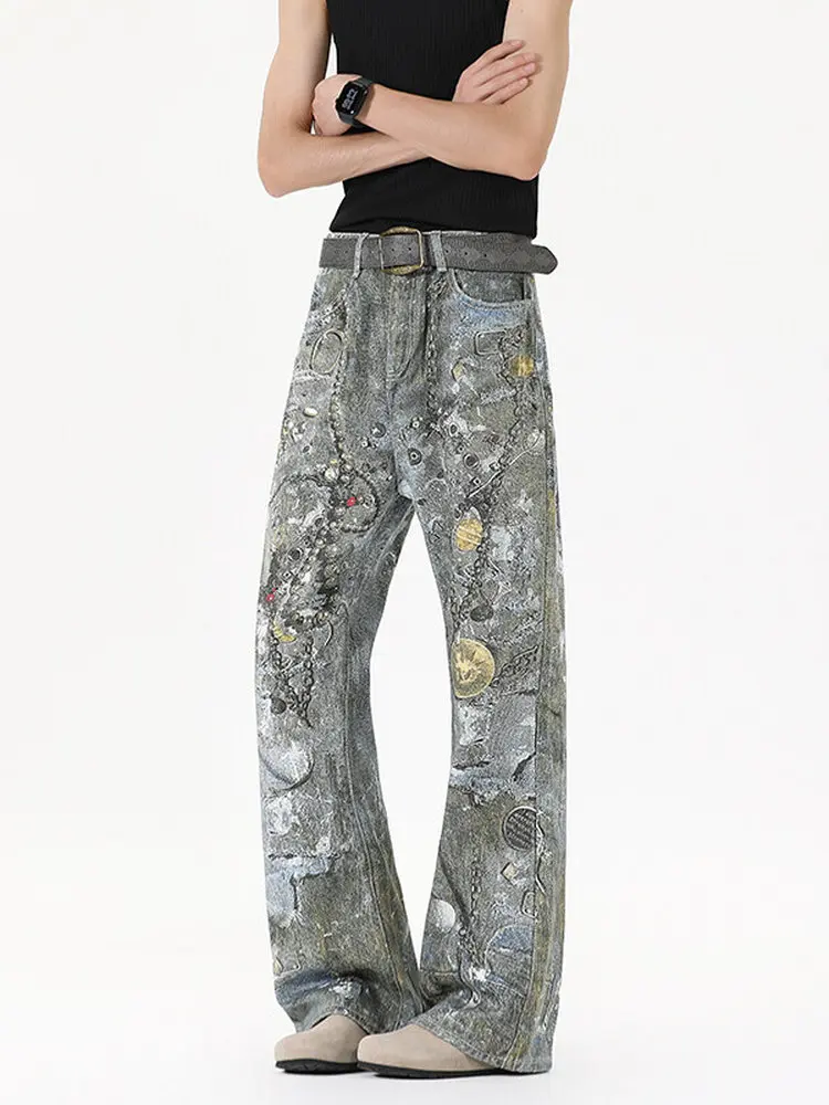 

Retro American Waed Jeans Men Summer Digital Design Heavy Du Destroyed Jewelry Chain Loose Straight Leg Long Pants
