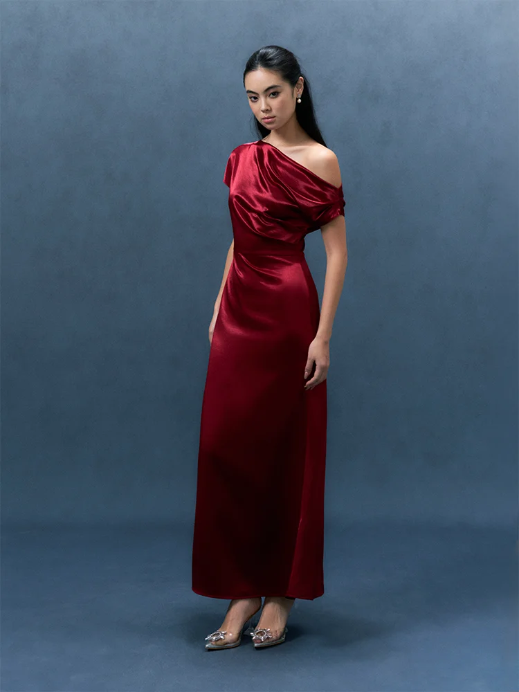 

TANSOP Bury Satin Long Dr Asymmetrical oulder Design Evening Gown Women's Slimming Ele Sle Par Wear