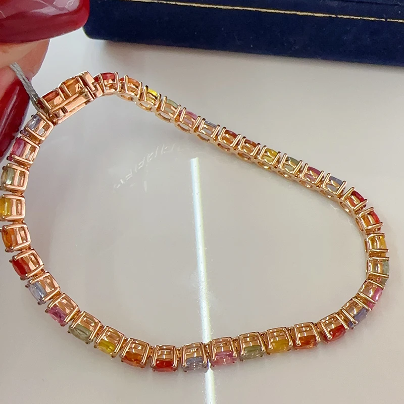 LUOWEND 100% 18K سوار ذهب أصفر حقيقي اللون الطبيعي الياقوت سوار للنساء الفاخرة قوس قزح تصميم عالية مجوهرات الحفلات