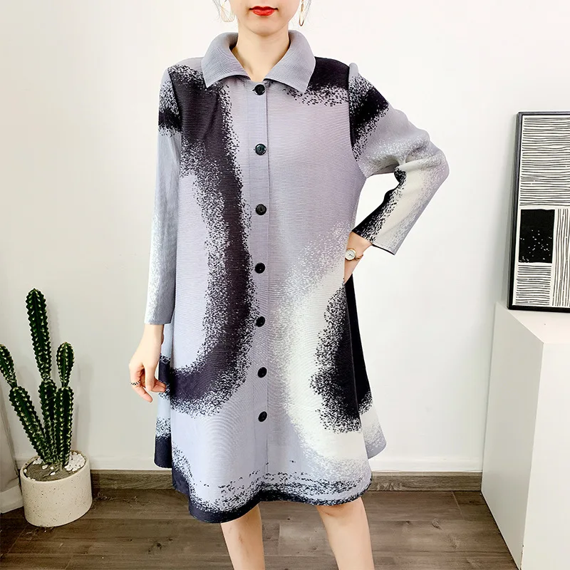 

Lapel Printed Contrast Dress 2023 Spring Single-breasted Long Sleeve Temperament Long Open Dress