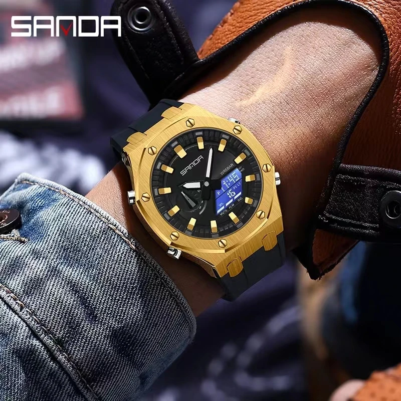 Sanda 3309 Hot Sale New Model Analog Digital Movement Luminous Dial Outdoor Sports Waterproof Alarm Mode  Men Wrist Stop Watch