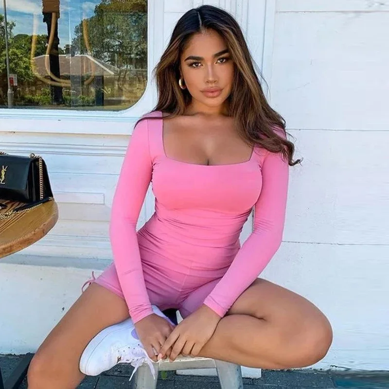 

2025 New Sexy Backless Jumpsuit Autumn Fashion Square Collar Sports Tight Long-sleeved Shorts Jump Overol Mujer