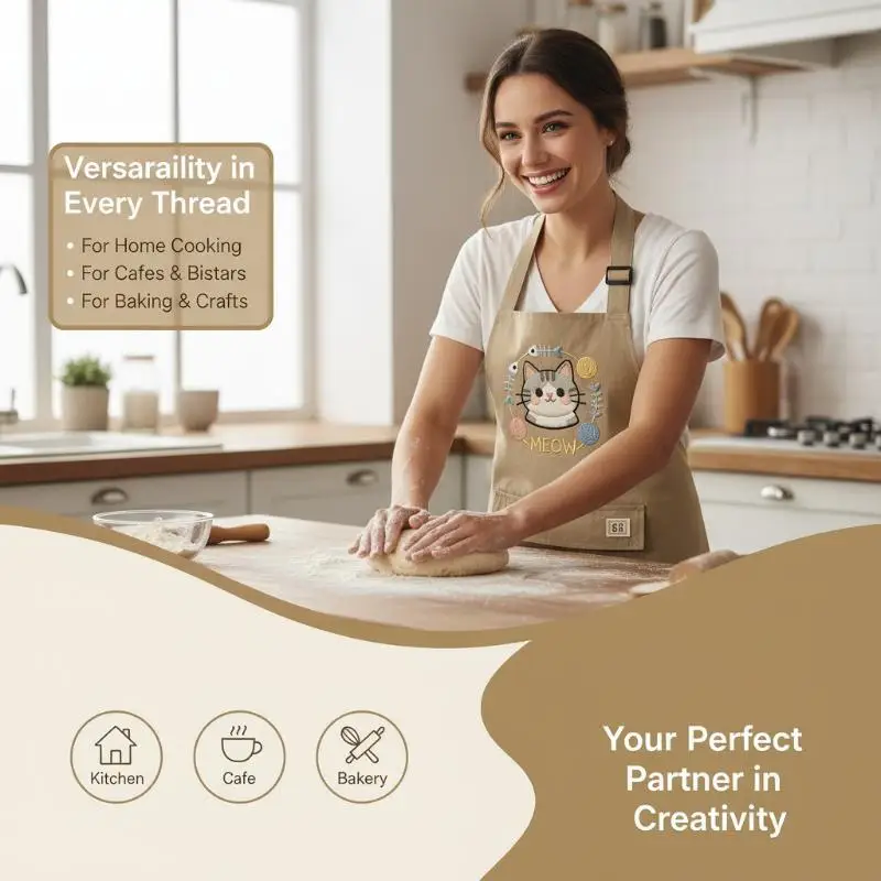 Embroidered Cat Kitchen Apron Waterproof Oil-Proof Adjustable Neck Straps for Home Baking Cooking Grilling Use