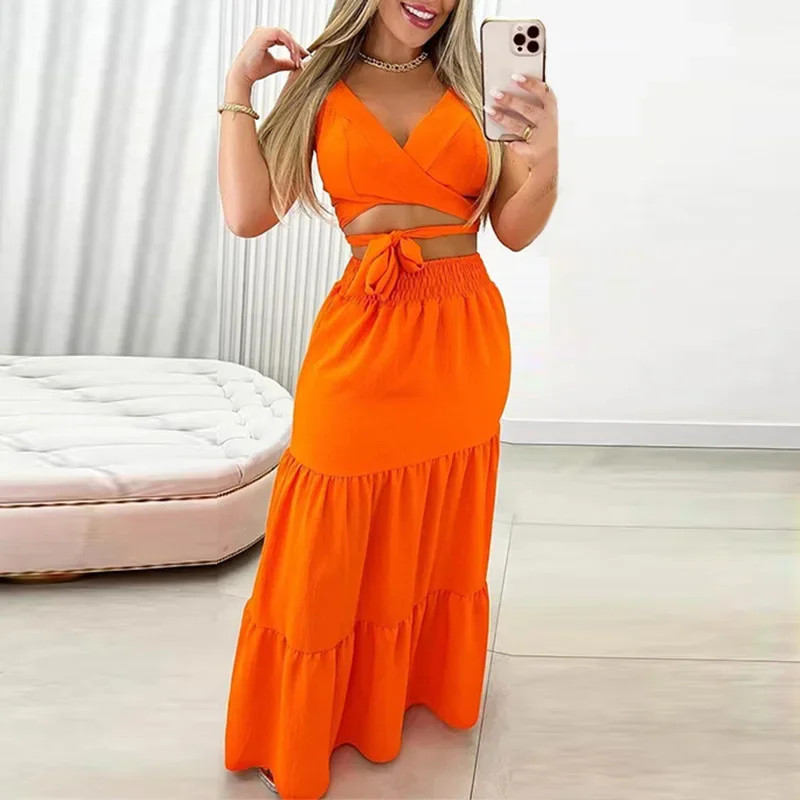 

Solid Two Piece Set Skirt Women Backless Cross V Neck Vest Crop Top Lace Up High Waist Long Skirts Ladies Party Beach Outfit