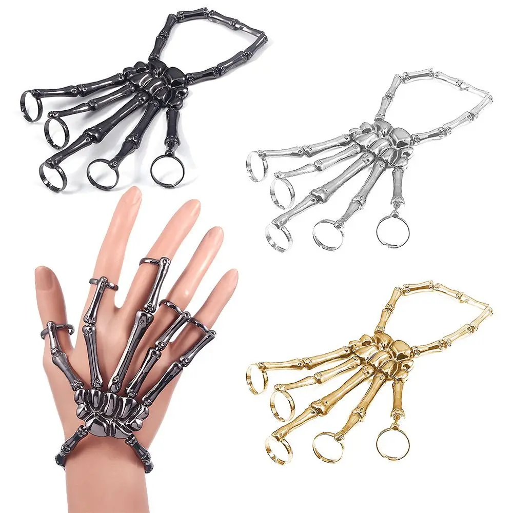Metal Wristband Party Punk Gothic Adjustable Halloween Bangle Skull Skeleton Hand Bracelet with Ring