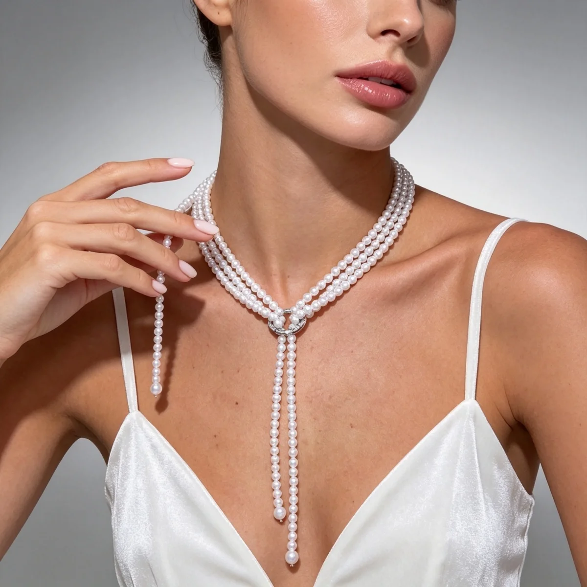 Elegante französische weiße lange Halskette mit kleinen künstlichen Perlen für Damen, Strass-Kreis, verschiedene Tragevarianten, Pulloverkette, Schmuck – Detail 13