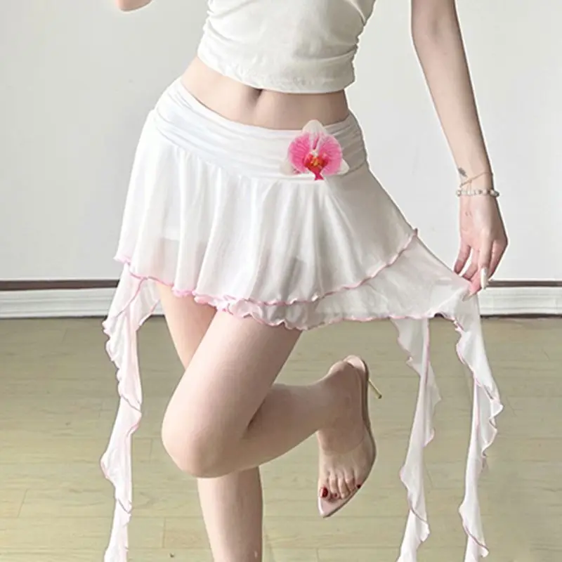 French Three-dimensional Rose Ruffled Mesh Irregular Streamer Skirt